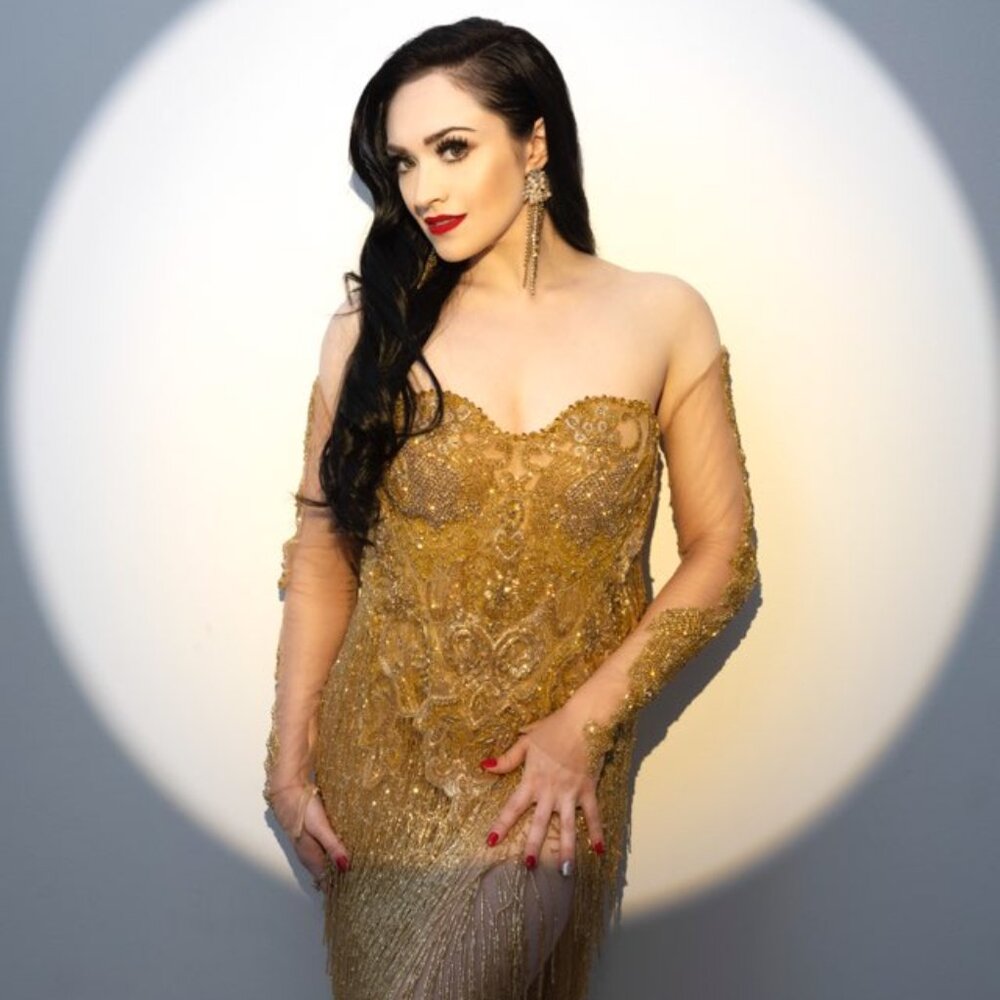 CUSTOM Paola Estefania Gold Embellished Fringe Couture Pageant Evening Gown- XS